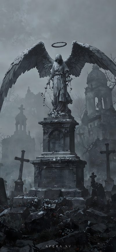 an angel statue surrounded by tombstones and crosses Gothic Halloween All Gray Grey By Angel Gothic 4k Phone, Background Angels, Cemetery,