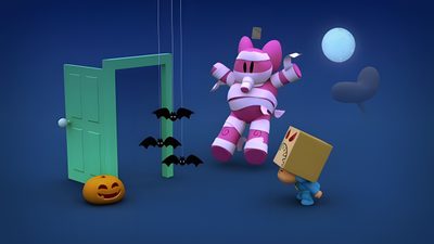 a pink cat is standing in front of an open door, with a pumpkin next to it Pocoyo Halloween Pocoyo Halloween, Pocoyo Fall, Zombie Pocoyo, Pocoyo Space Halloween, midnight blue