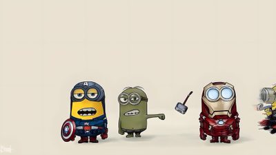 three minion characters are standing in the snow with one holding an iron - man figure Minion Halloween Desktop Minions Twitter Header, Minion Cover Photo, Minion Laptop, gainsboro