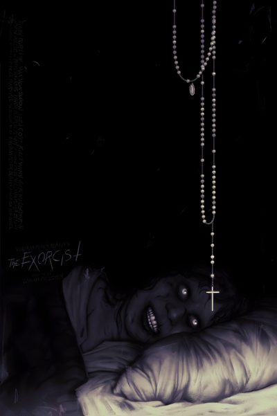 a woman laying in bed with beads hanging from the ceiling Exorcist Halloween Possessed Art, The Exorcist Art, Exorcist Art, Demon Possession Art, black