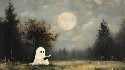 a painting of a ghost reading a book in a field with trees and the moon behind it Halloween Laptop Ghost Laptop Aesthetic Vintage, Laptop Screen, Tv Screensaver Aesthetic, gray