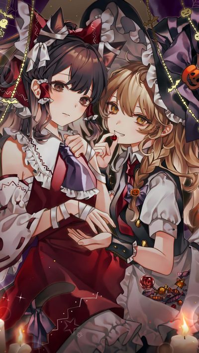 two anime characters are hugging in front of candles Touhou Halloween Touhou Halloween, Apothecary Diaries Background, Touhou Marisa And Reimu, dark olive green