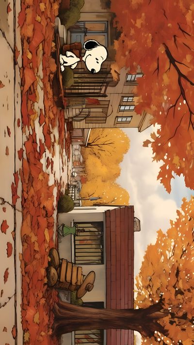an illustration of a building with autumn leaves on the ground and trees in front of it Snoopy Halloween Laptop October Sun, Lovely Creatures, Autumn Aesthetic, Anime Scenery, Laptop, sienna