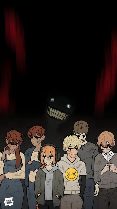 an animated group of people standing in front of a black background with red light coming from behind Halloween For School School List, Magic School Bus, Wheels On The Bus, Webtoon Comics, black