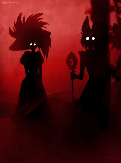 two silhouettes are standing in front of a red background, one is holding a knife and the other has an evil look on its face Hazbin Hotel Halloween Aesthetic Photos, Les, Demons Fanart, Non Human Characters, Animation Eyes, black