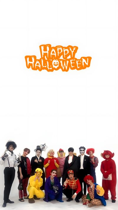 a group of people dressed in costumes posing for a photo with the words happy halloween written above them Seventeen Halloween Skz Halloween, Kpop Fall, K Pop Halloween, Going Seventeen, white smoke