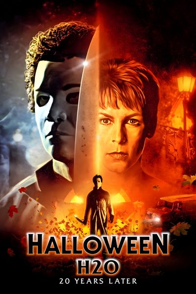 the movie poster for halloween h2o, which features two men with knives in their hands Halloween H20 Halloween H20 Poster, Halloween H20 Movie Poster, Halloween H20 20 Years Later Poster, maroon