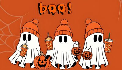 three cartoon ghostes with pumpkins and drinks in front of the word boo on an orange background Happy Halloween Ipad Spooky Cartoon Background, Spooky Cute Gif, Spooky Saturday Meme Cute, chocolate