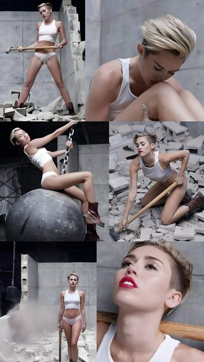 a collage of photos with some women in white clothes and one woman holding a baseball bat Wrecking Ball Halloween Miley Cyrus Cant Be Tamed Costume, Wrecking Ball Music Video, Miley Cyrus Wrecking Ball, gray