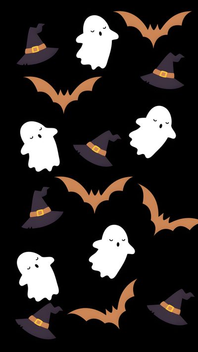 a bunch of bats flying through the air with ghost faces on them, all in different colors Aesthetic Halloween Elements Cute Halloween Backgrounds, Boo Halloween, Cute Cute Halloween, black