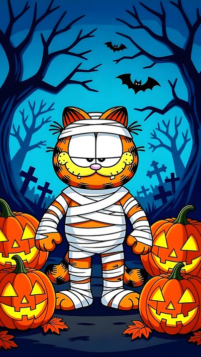 a cartoon cat dressed up as a halloween jack - o'- lantern with pumpkins Garfield Halloween Garfield Halloween Comics, Halloween Artwork, Garfield In Costume, dark slate gray