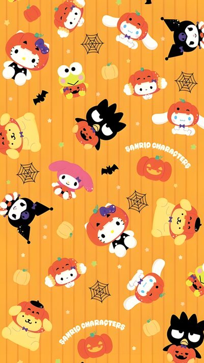 an orange background with halloween characters and pumpkins Kawaii Sanrio Halloween Kawaii Sanrio Halloween, Sanrio Characters Halloween, Aesthetic Sanrio Halloween, sandy brown