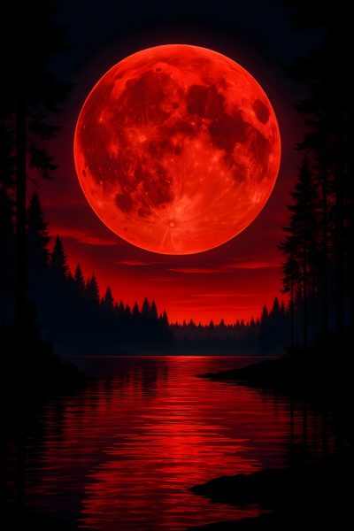 a red full moon over a lake with trees in the foreground and water below Red Moon Halloween Lava Red, Images Of Red Moon, Red Moon Picture, Red World, Red Moon Photo, black