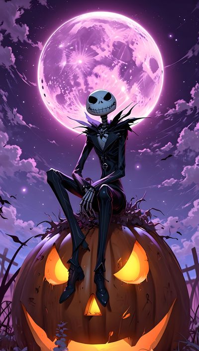 a skeleton sitting on top of a pumpkin in front of a full moon with purple clouds Happy Halloween Jack Skellington Nightmare Before Christmas Pumpkin, Tim Burton Disney, Jack The Pumpkin King, dark slate blue