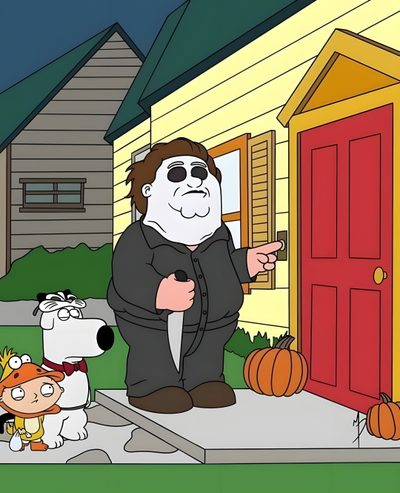 a cartoon character standing in front of a house next to a dog and pumpkins Family Guy Halloween Peter Griffin Halloween, Family Guy Halloween, Family Guy Ghost, sienna