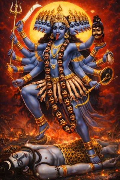 an image of the hindu god sitting on fire with his arms outstretched in front of him Halloween Kali 2 Kali Images, Hindu God Kali Images, Lord Kali, Kali Mata Hd Images, Kali Hd, saddle brown