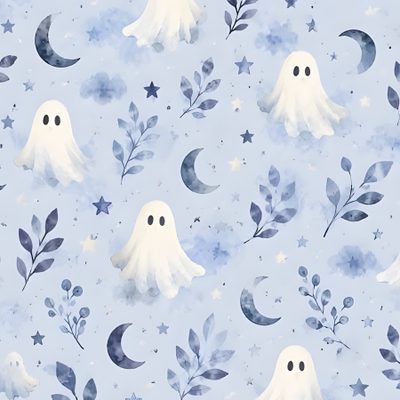 a blue background with white ghost and stars Pastel Blue Halloween Ghost Decoration, Blue Halloween, Blue Contacts, Vinyl Paper, Contact Paper, gainsboro