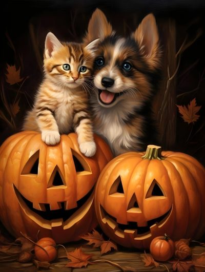 a painting of a dog and cat sitting on pumpkins Cute Dog And Cat Halloween Cat And Dog Pumpkin, Cat And Dog Halloween, Puppy In Pumpkin Art, maroon