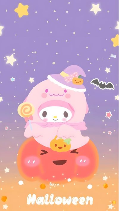 a cartoon character sitting on top of a pumpkin with stars in the sky behind it Sanrio Halloween Pastel Hello Kitty Halloween, Sanrio Danshi, Anime Halloween, Hello Kitty Coloring, plum