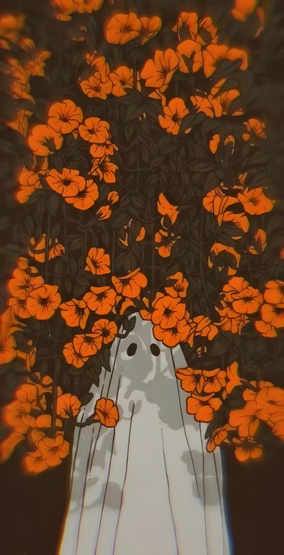 an orange and white painting with flowers in the foreground, on a black background Aesthetic Halloween Flower Adult Halloween, Iphone Spooky Aesthetic, Summerween Phone Background, dark olive green