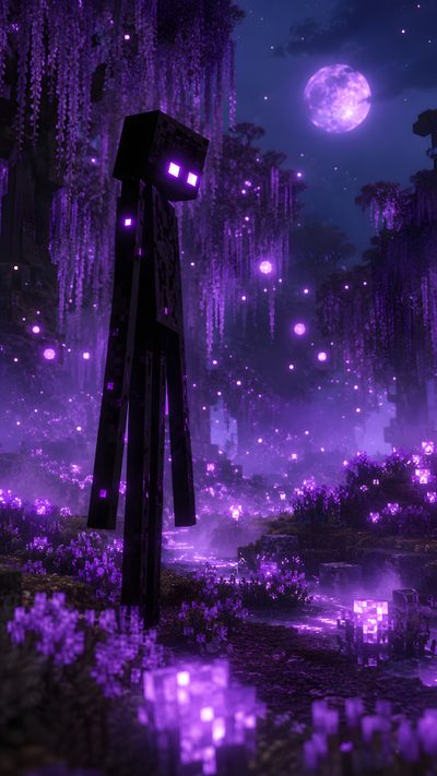 an image of a night scene with purple lights Minecraft Halloween Purple Dark Fantasy, Dark Minecraft, Enderman, Enderman Aesthetic, midnight blue