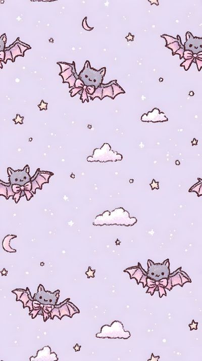 a bat flying through the sky with stars and clouds Pink Pastel Halloween Bats Halloween Themed, Cute Spooky Iphone, Pumpkin, Pumpkin Images, lavender