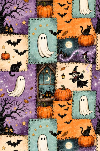 halloween fabric with pumpkins and ghost on it Halloween Squares Custom Halloween Patchwork, Floating Ghosts, Halloween Cute, Screen Savers, rosy brown