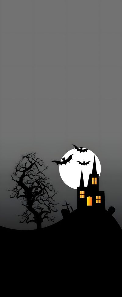 a house with bats flying over it at night Minimalist Halloween Phone Halloween For Iphone, Halloween For Android, Halloween Dark, dim gray