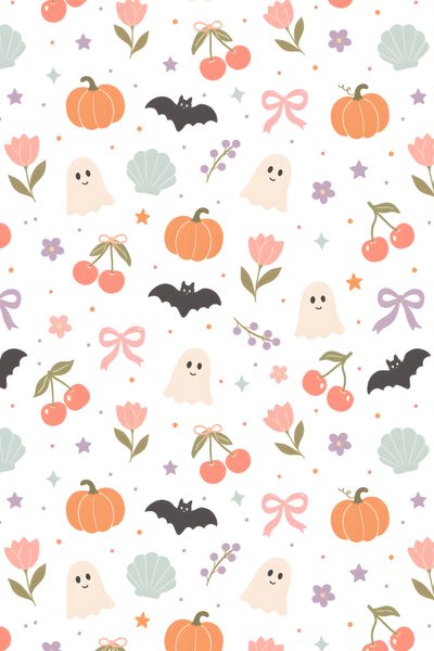 a halloween themed wallpaper with pumpkins, bats and other decorations on it's white background Halloween Pastel Ideas Iconic, Ipad Background, Phone Patterns, Halloween Photos, Ghost Pumpkin, white