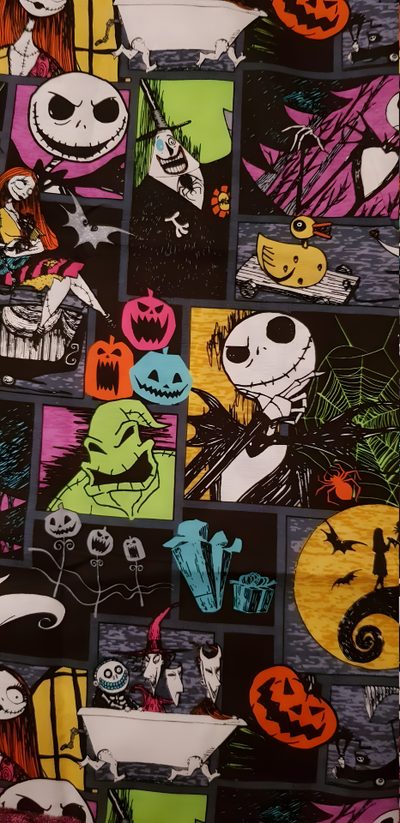 an image of halloween themed fabric with jack and sally characters on the front, in various colors Halloween Night Before Christmas Nbc Background, Halloween Jack And Sally, Jack And Sally Phone, dark slate gray