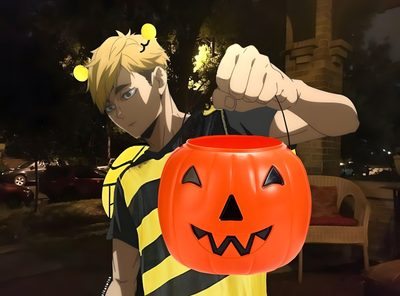 a young man is holding up a jack - o'- lantern Haikyuu Halloween Anime Character With Pumpkin Bucket, Anime Cosplay Inspiration, Diy Halloween Costume Ideas, black