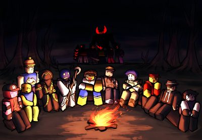 a group of people standing around a campfire Forsaken Halloween Letting Go Of Him, Roblox Funny, Zoo Wee Mama, Pc, I Dont Have Friends, Campfire, black