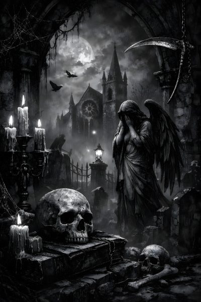 an angel standing next to a skull and candles Gothic Halloween All Gray Grey By Angel Dark Gothic Staircase, Grim Reaper, Grim Reaper Art, black