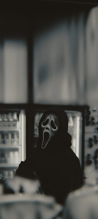 a person wearing a ghost mask in front of a refrigerator Iphone Iphone Edgy Aesthetic Halloween Scream Iphone, Scream Black, Horror Characters Black And White, dark slate gray