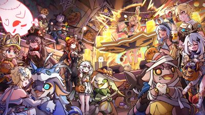 several cartoon characters standing together in front of a large group of other animated characters, Genshin Impact Halloween Halloween Genshin, Genshin Halloween, Genshin Impact Halloween, dim gray