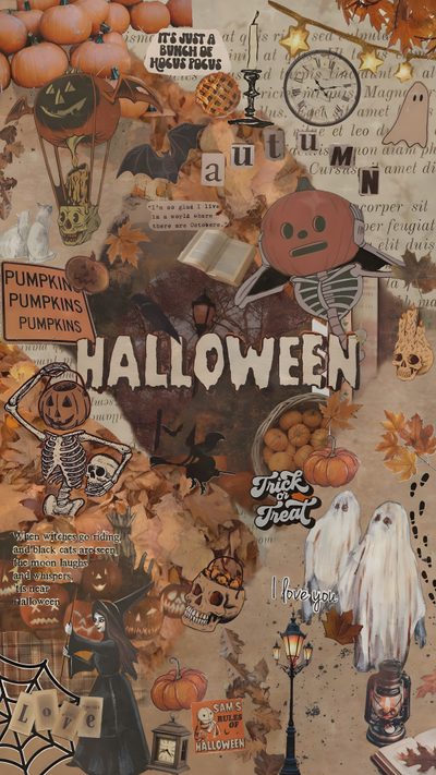 a collage of halloween images with pumpkins, ghostes and other things on it Halloween Patch College, College Halloween, Fall Background, Iphone Vintage, Different Seasons, sienna