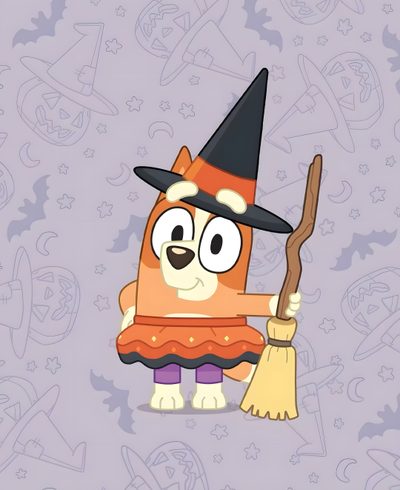 a cartoon character holding a broom and wearing a witches hat Bingo Halloween Bingo Halloween Costumes, Bluey Halloween Aesthetic, Calabaza Halloween Bluey, silver