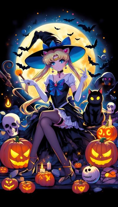 a woman sitting on top of a pile of pumpkins next to a full moon Sailor Moon Halloween Sailor Moon Dark Moon Circus, Sailor Moon Halloween, Sailor Mars Shrine Maiden, dark slate gray