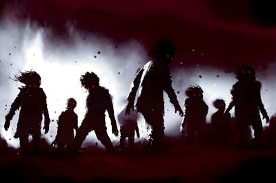 a group of zombies standing in the dark Halloween Zombie Gunship Flatbush Zombies Album Cover, Slipknot All Hope Is Gone Album Cover, Korn Debut Album Cover, black