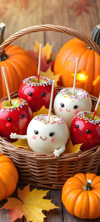 apples with sprinkles on them are in a basket next to pumpkins Halloween Candy Iphone Thanksgiving, Android Vintage, Cute Food Art, Holiday, Chocolate Caramels,
