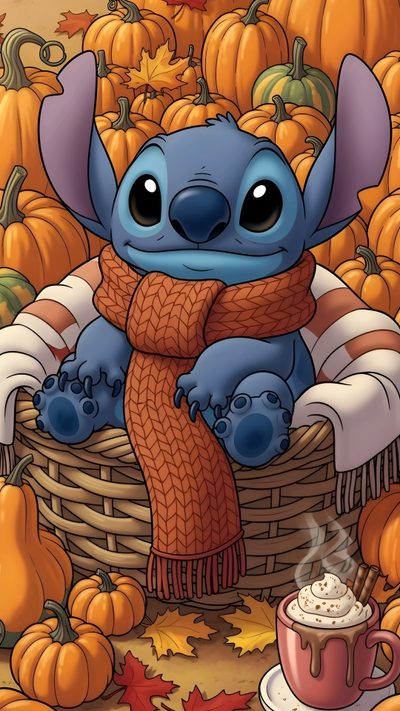 a cartoon character sitting on top of a basket filled with pumpkins and coffee cup Cute Stitch Halloween Aesthetic Cute Fall Stitch, Stitch Fall, Stitch Fall Iphone, sienna