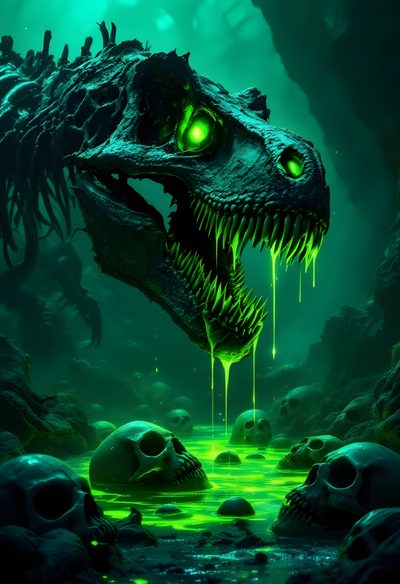 an image of a dinosaur with glowing eyes and teeth in the water by some rocks Halloween Dinosaur Hd Dinosaur Skull Background, Scary Dinosaur, Cool T-rex, T-rex 4k, dark green