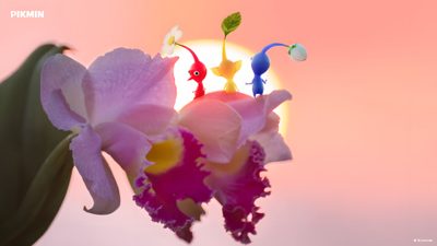 three little figurines sitting on top of a pink flower with the sun in the background Pikmin Halloween Pikmin Life, Pikmin Bloom, Pikmin 4, Pikmin Laptop, Pikmin Screensaver, Pikmin, burlywood