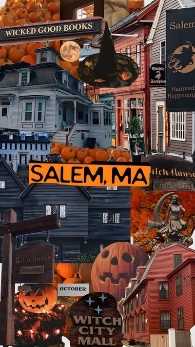 a collage of halloween images with the words salem ma in orange, black and white Salem Halloween Aesthetic Salem Background, Salem Massachusetts During Halloween, Fall In Salem Massachusetts Aesthetic, dark olive green