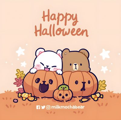 two teddy bears sitting on top of pumpkins with the words happy halloween written above them Milk And Mocha Halloween Milk And Mocha Thanksgiving, Mocha And Milk Bear Matching Pfp Halloween, Milk And Mocha Matching Icons Halloween, blanched almond