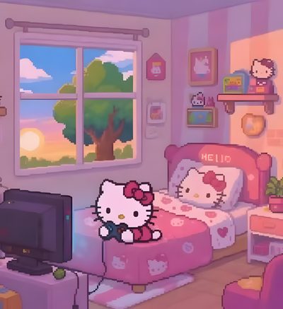 the hello kitty bedroom is decorated in pink and purple Cute Hello Kitty Halloween Gif Sanrio Gif, Fondos De Pantalla De Parejas Enamoradas, Hello Kitty Aesthetic, rosy brown