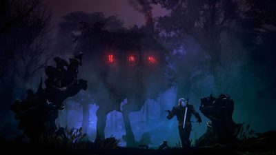 two people standing in front of a creepy house with red lights on their eyes and hands Witcher Geralt Halloween Baba Yaga Witcher, Baba Yaga Blood, Baba Yaga Movie, Baba Yaga Lair Concept, black