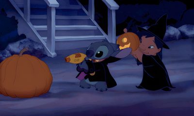 two cartoon characters dressed as witches and one is holding a jack - o'- lantern Disney Halloween Pc Stitch Halloween Pfp, Lilo Halloween, Stitch Gif Pfp, dark slate gray