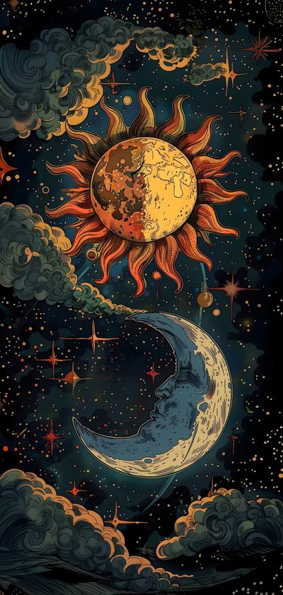 the sun and moon are in the sky with stars above them, as well as clouds Halloween Sun Pattern Backgrounds Phone, For Samsung Tablet, Backgrounds Aesthetic Vintage, black