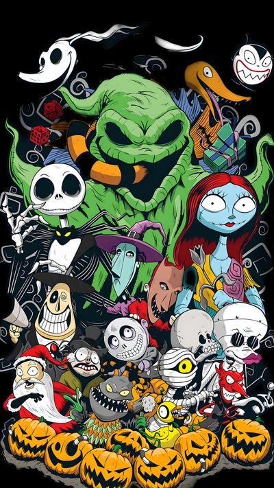 an image of cartoon characters with pumpkins and jack - o'- lantern faces Cute Halloween Nightmare Before Christmas Nightmare Before Christmas Cartoon, Halloween Oogie Boogie, Nightmare Before Christmas All Characters, dark olive green